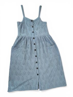 J Gee Light Blue Eyelet Cotton Sundress Petite Medium Button Front Pockets
